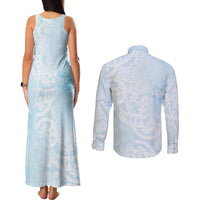 Polynesian Tiare Monstera Baby Blue Couples Matching Tank Maxi Dress and Long Sleeve Button Shirt Liquid Style LT01 - Polynesian Pride