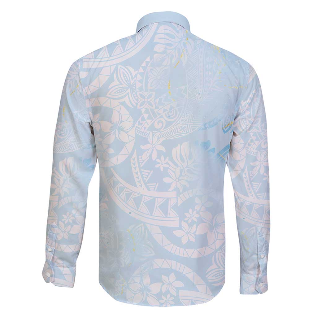 Polynesian Tiare Monstera Baby Blue Family Matching Long Sleeve Bodycon Dress and Hawaiian Shirt Liquid Style - Polynesian Pride