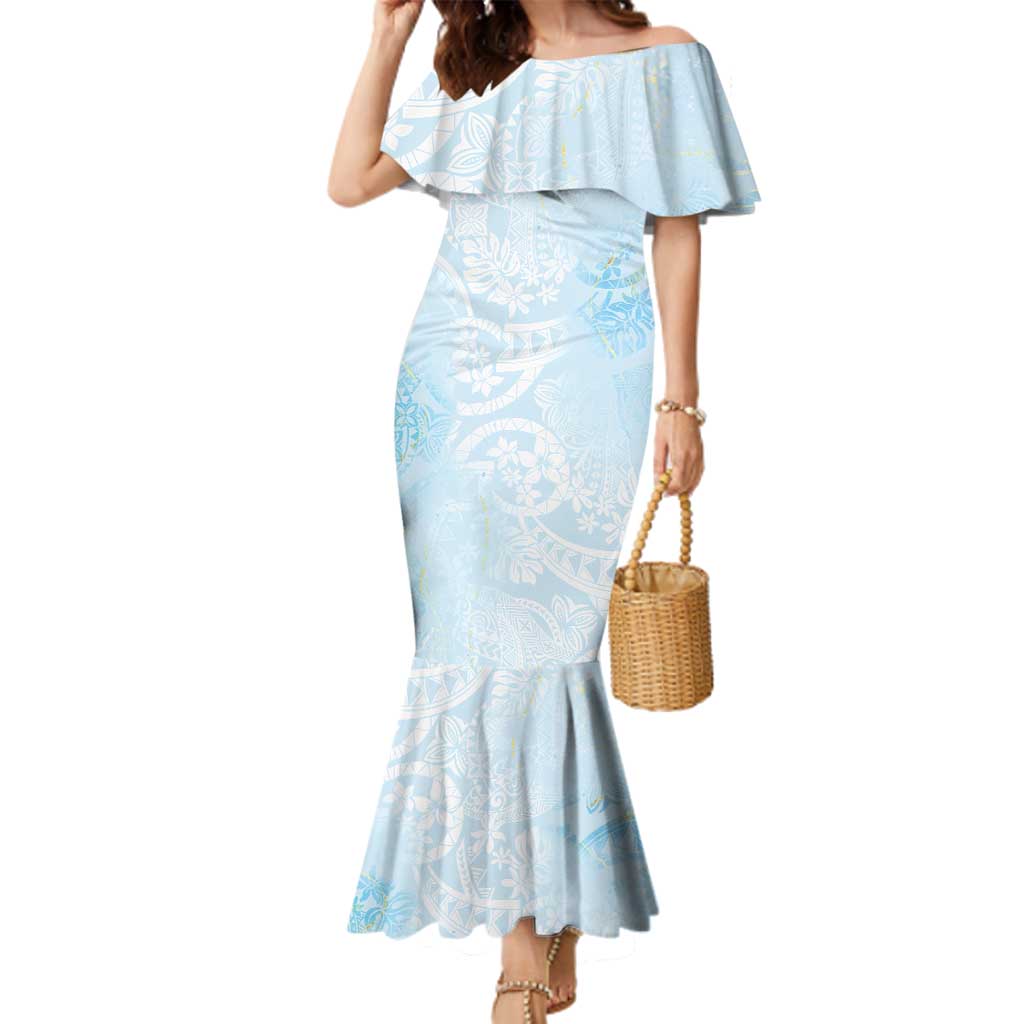 Polynesian Tiare Monstera Baby Blue Family Matching Mermaid Dress and Hawaiian Shirt Liquid Style - Polynesian Pride