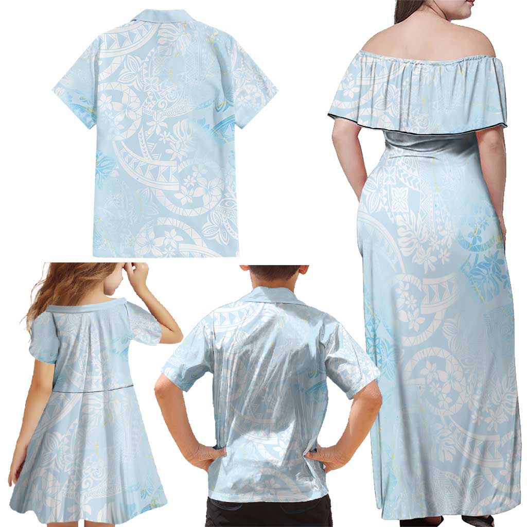 Polynesian Tiare Monstera Baby Blue Family Matching Off Shoulder Maxi Dress and Hawaiian Shirt Liquid Style - Polynesian Pride