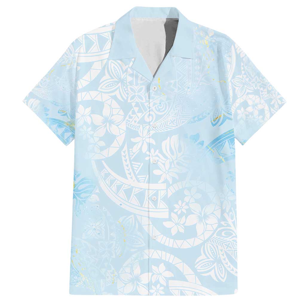 Polynesian Tiare Monstera Baby Blue Family Matching Off Shoulder Short Dress and Hawaiian Shirt Liquid Style - Polynesian Pride