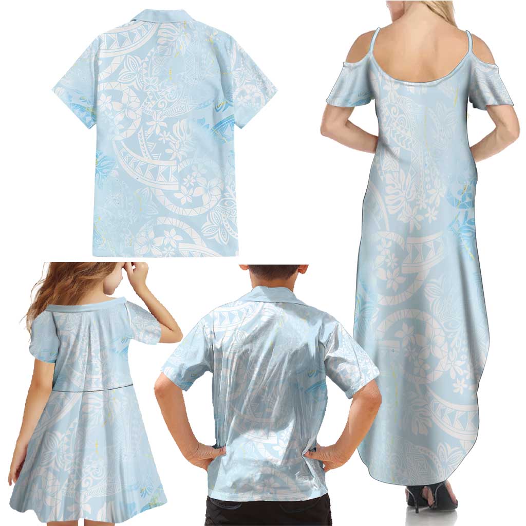 Polynesian Tiare Monstera Baby Blue Family Matching Summer Maxi Dress and Hawaiian Shirt Liquid Style - Polynesian Pride