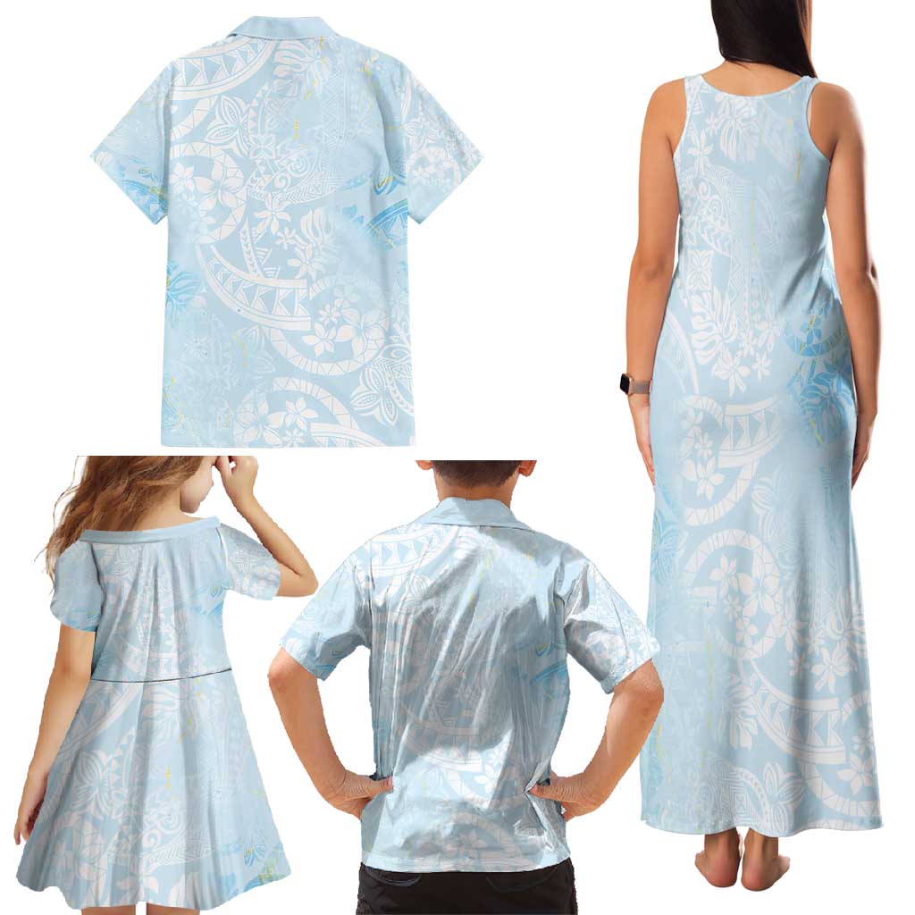 Polynesian Tiare Monstera Baby Blue Family Matching Tank Maxi Dress and Hawaiian Shirt Liquid Style - Polynesian Pride