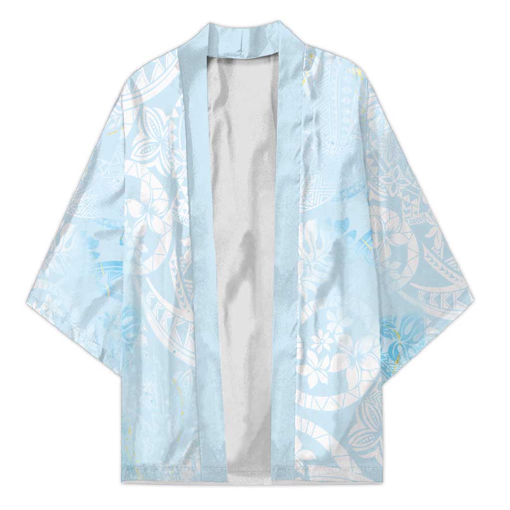 Polynesian Tiare Monstera Baby Blue Kimono Liquid Style - Polynesian Pride