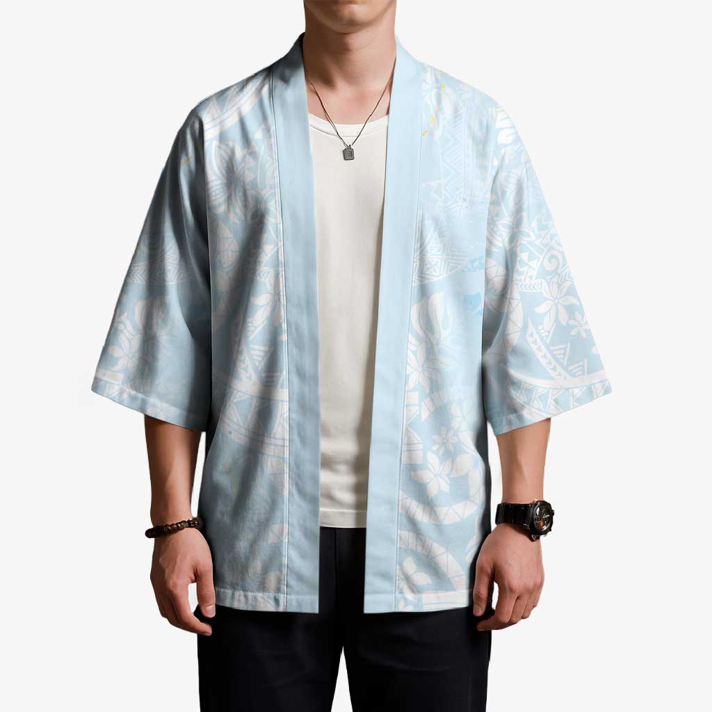 Polynesian Tiare Monstera Baby Blue Kimono Liquid Style - Polynesian Pride