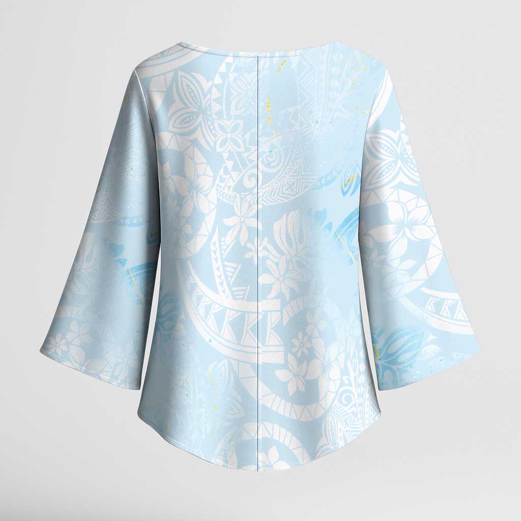Polynesian Tiare Monstera Baby Blue Kimono Sleeve Blouse Liquid Style LT01 - Polynesian Pride