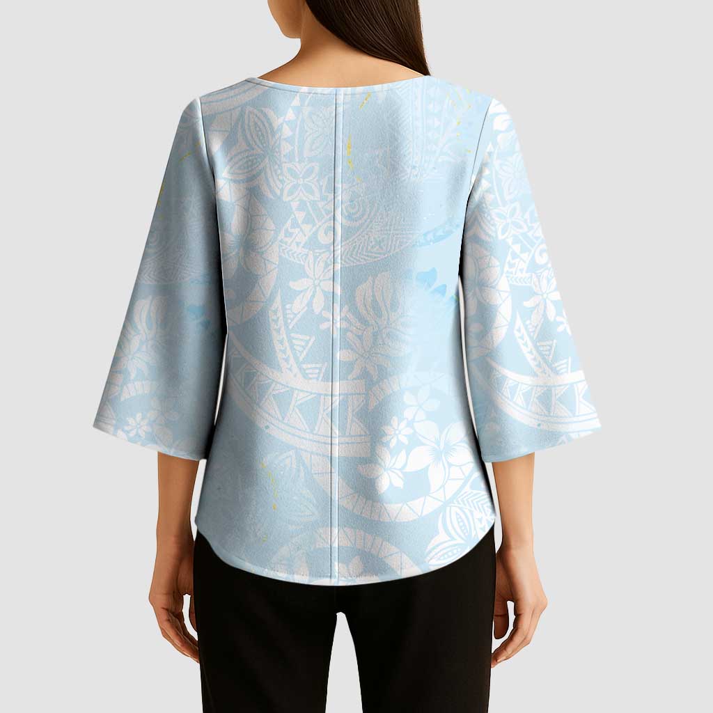 Polynesian Tiare Monstera Baby Blue Kimono Sleeve Blouse Liquid Style LT01 - Polynesian Pride