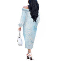Polynesian Tiare Monstera Baby Blue Off The Shoulder Long Sleeve Dress Liquid Style - Polynesian Pride