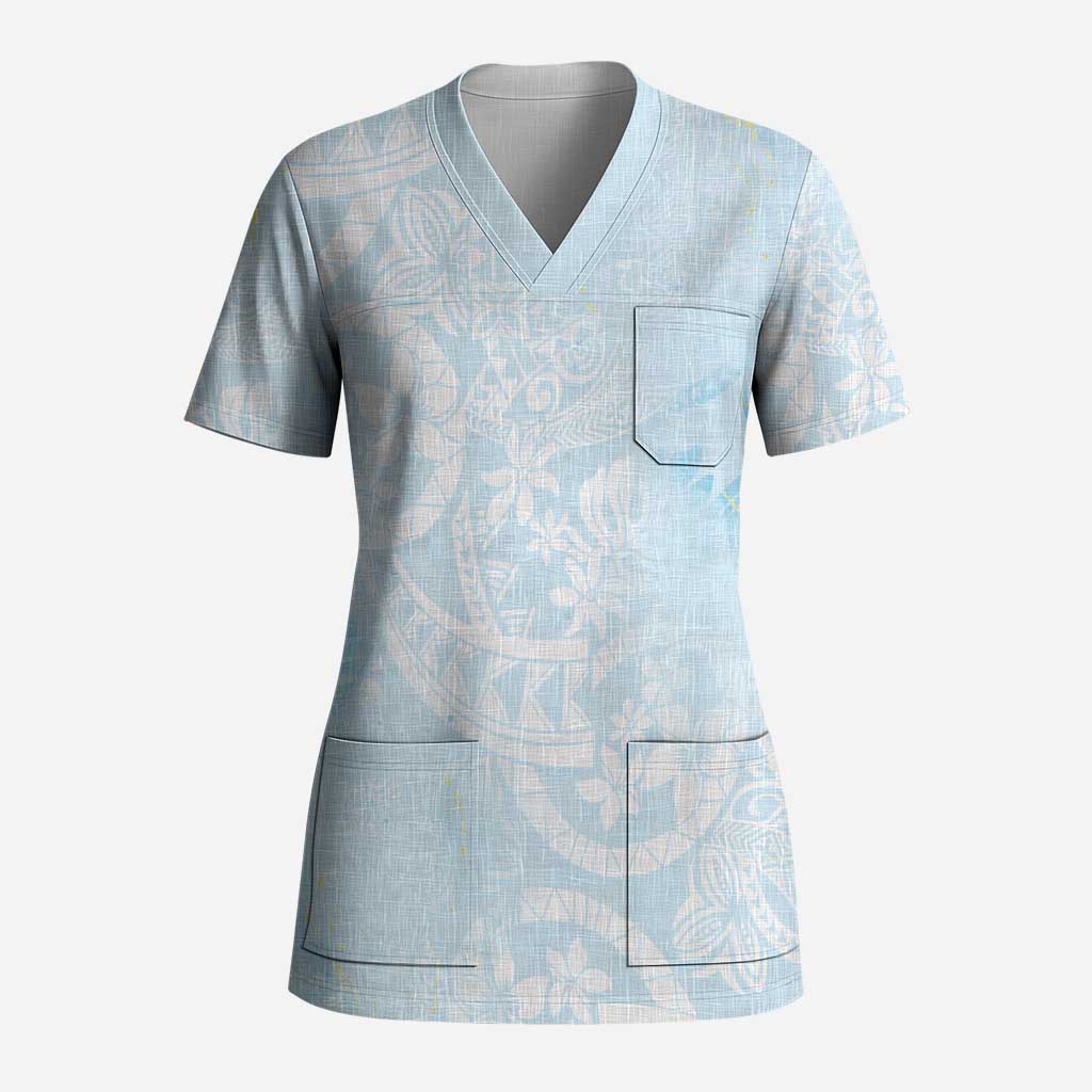 Polynesian Tiare Monstera Baby Blue Scrub Top Liquid Style LT01 Adult Blue - Polynesian Pride