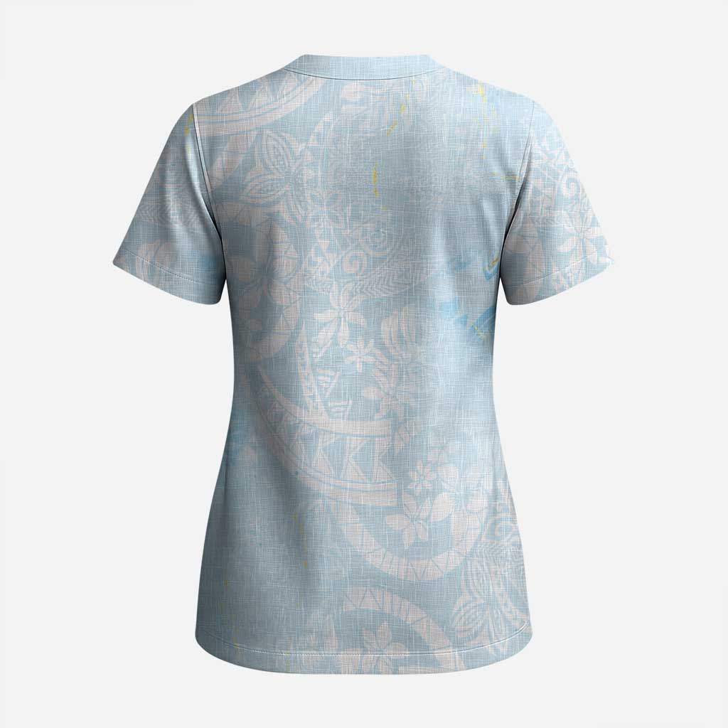 Polynesian Tiare Monstera Baby Blue Scrub Top Liquid Style LT01 - Polynesian Pride