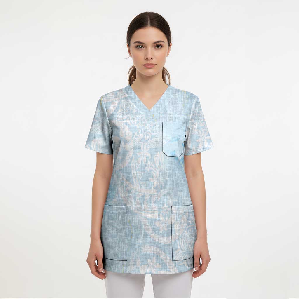 Polynesian Tiare Monstera Baby Blue Scrub Top Liquid Style LT01 - Polynesian Pride