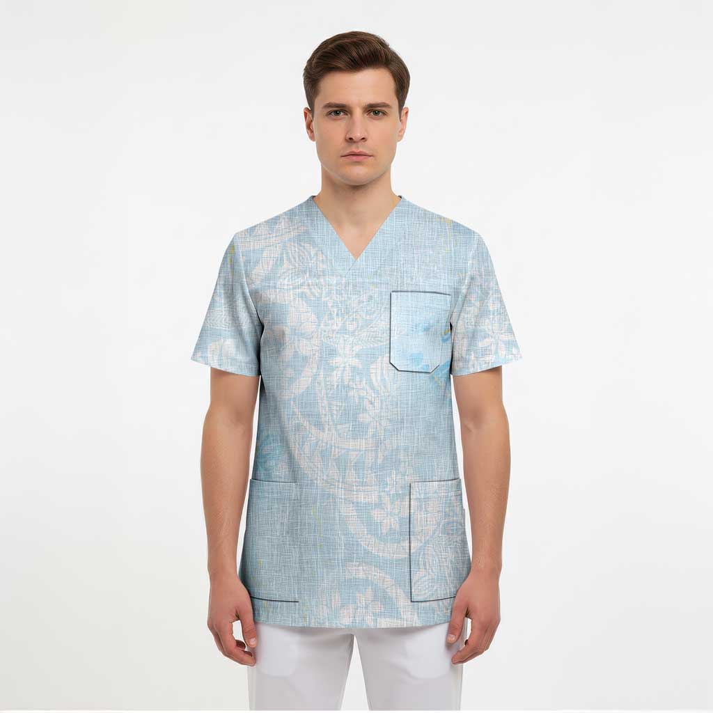 Polynesian Tiare Monstera Baby Blue Scrub Top Liquid Style LT01 - Polynesian Pride