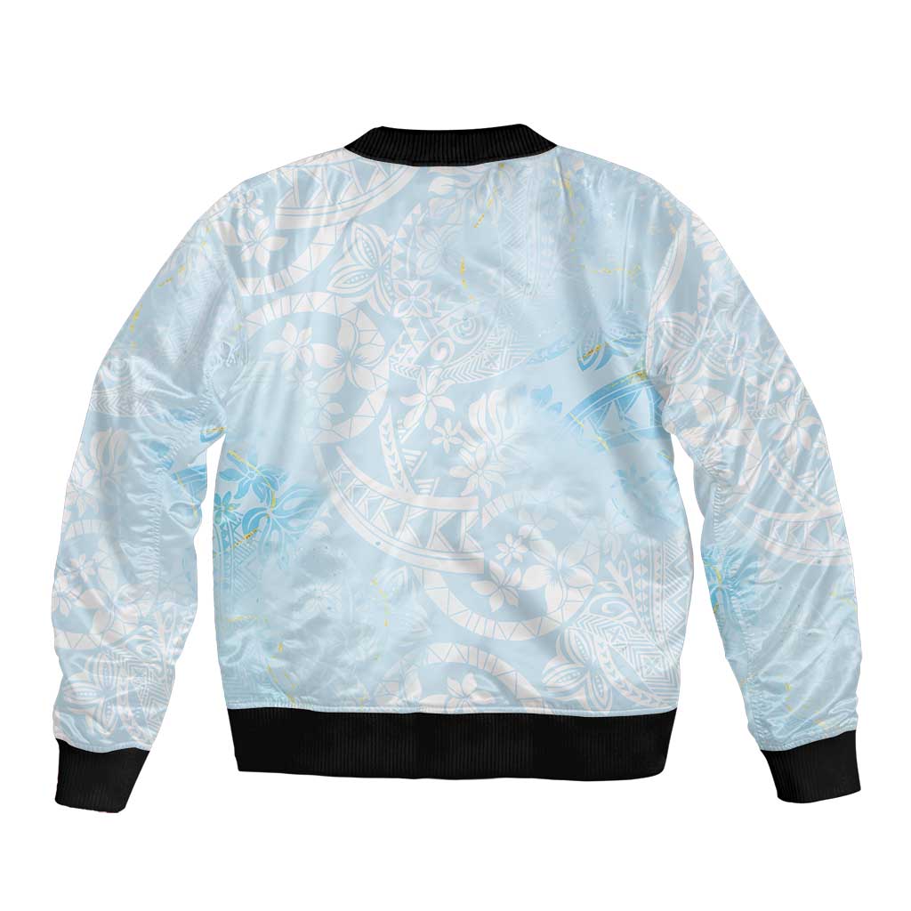 Polynesian Tiare Monstera Baby Blue Sleeve Zip Bomber Jacket Liquid Style - Polynesian Pride