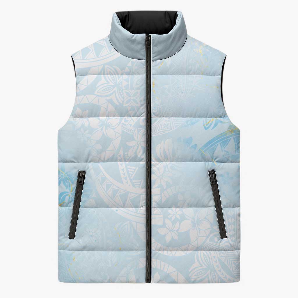 Polynesian Tiare Monstera Baby Blue Sleeveless Puffer Jacket Liquid Style LT01 Unisex Blue - Polynesian Pride