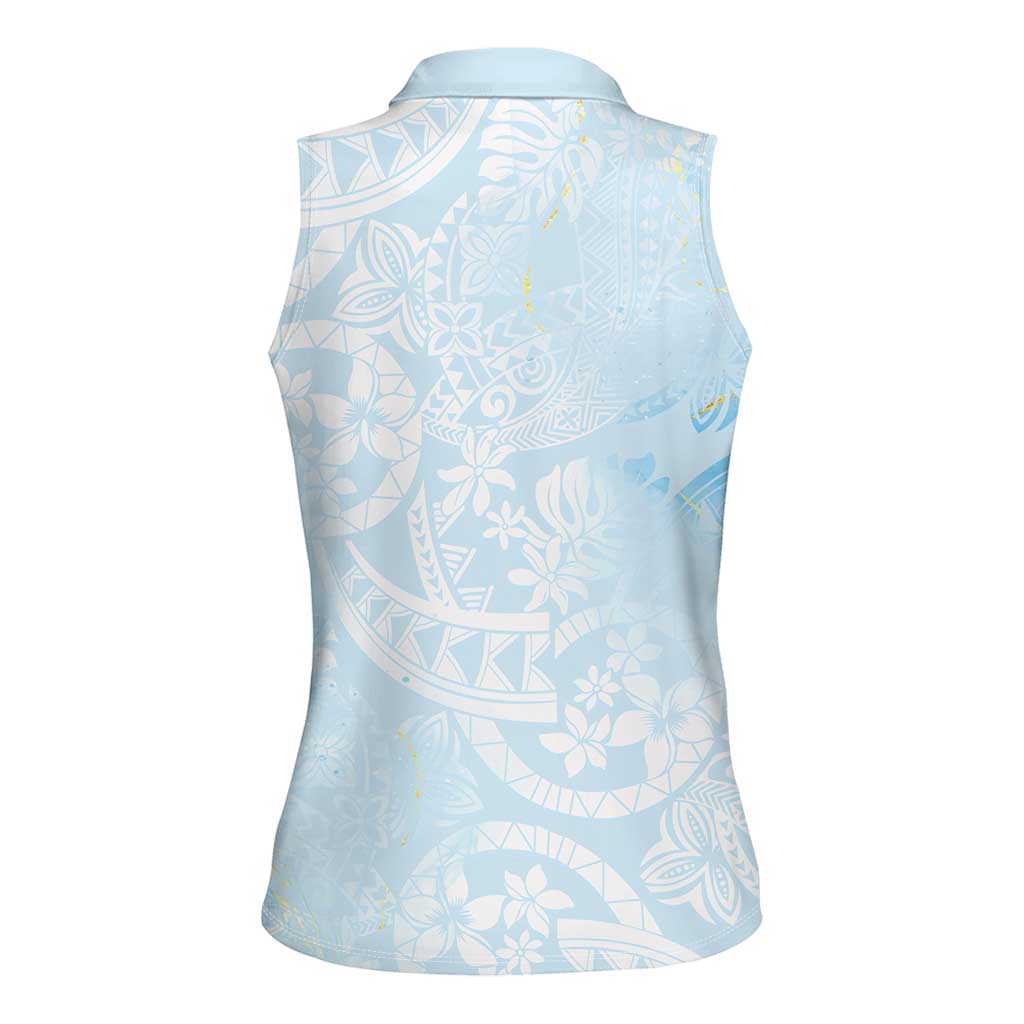 Polynesian Tiare Monstera Baby Blue Women Sleeveless Polo Shirt Liquid Style LT01 - Polynesian Pride