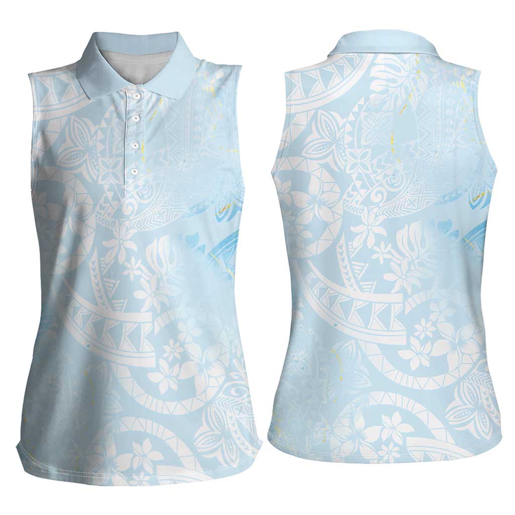 Polynesian Tiare Monstera Baby Blue Women Sleeveless Polo Shirt Liquid Style LT01 - Polynesian Pride