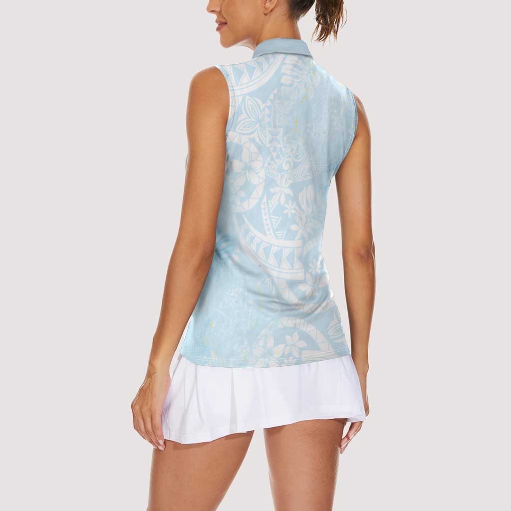 Polynesian Tiare Monstera Baby Blue Women Sleeveless Polo Shirt Liquid Style LT01 - Polynesian Pride