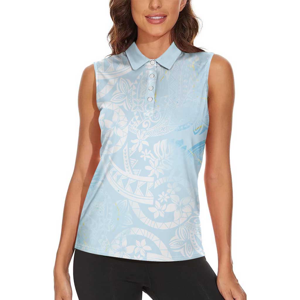 Polynesian Tiare Monstera Baby Blue Women Sleeveless Polo Shirt Liquid Style LT01 - Polynesian Pride