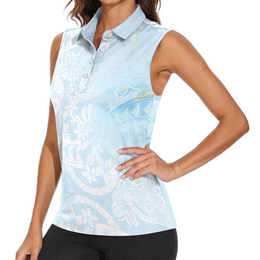 Polynesian Tiare Monstera Baby Blue Women Sleeveless Polo Shirt Liquid Style LT01 - Polynesian Pride