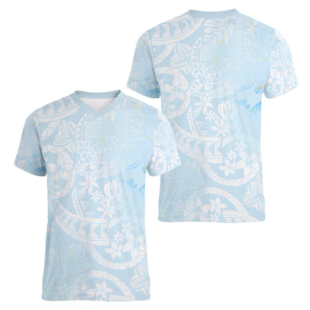 Polynesian Tiare Monstera Baby Blue Women V-Neck T-Shirt Liquid Style - Polynesian Pride