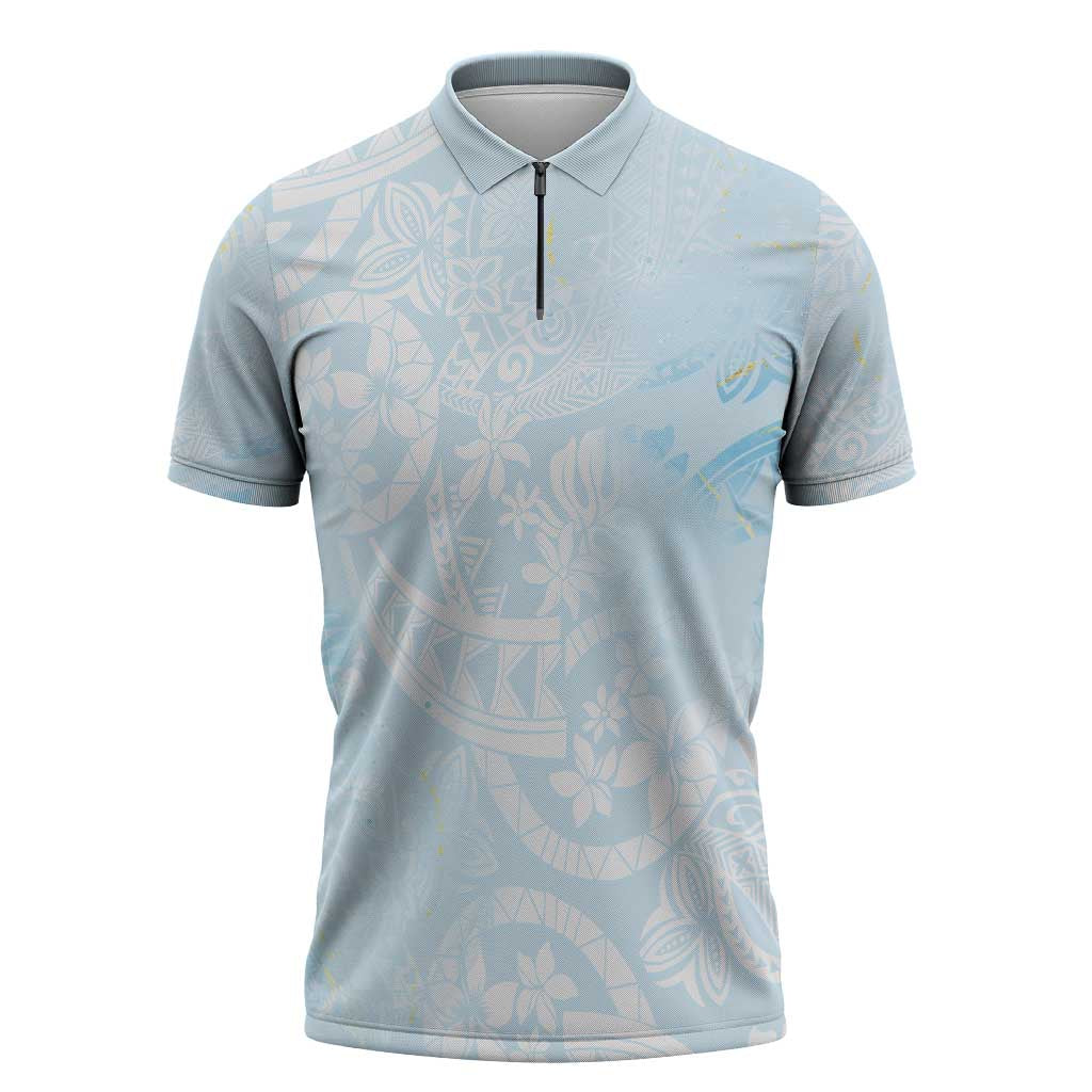 Polynesian Tiare Monstera Baby Blue Zipper Polo Shirt Liquid Style LT01 Blue - Polynesian Pride