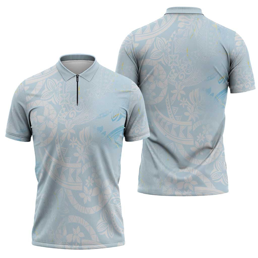 Polynesian Tiare Monstera Baby Blue Zipper Polo Shirt Liquid Style LT01 - Polynesian Pride