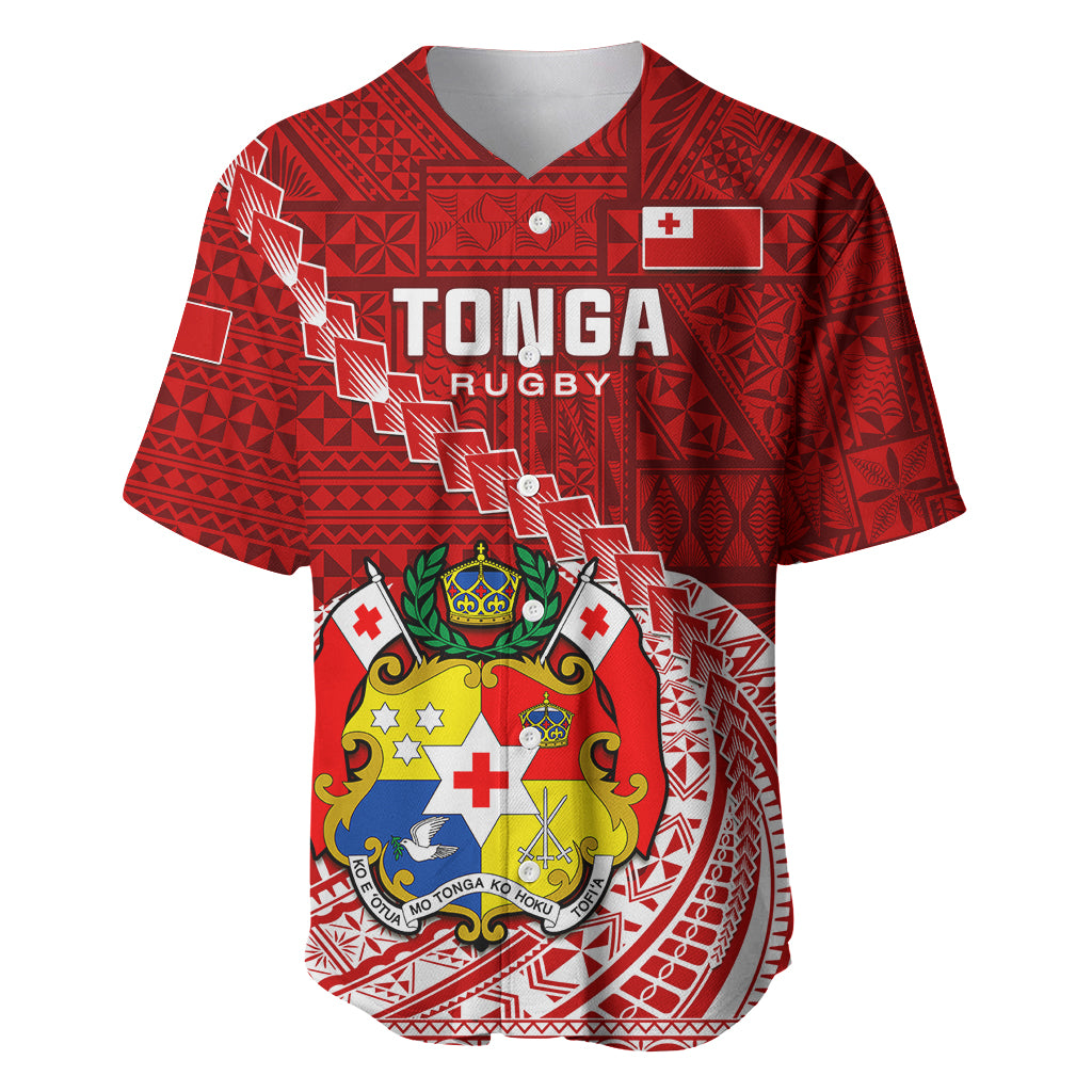 Tonga Rugby Baseball Jersey Tongan Ngatu Pattern White Version LT01 Red - Polynesian Pride