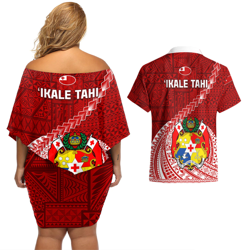 Tonga Rugby Couples Matching Off Shoulder Short Dress and Hawaiian Shirt Tongan Ngatu Pattern White Version LT01 - Polynesian Pride