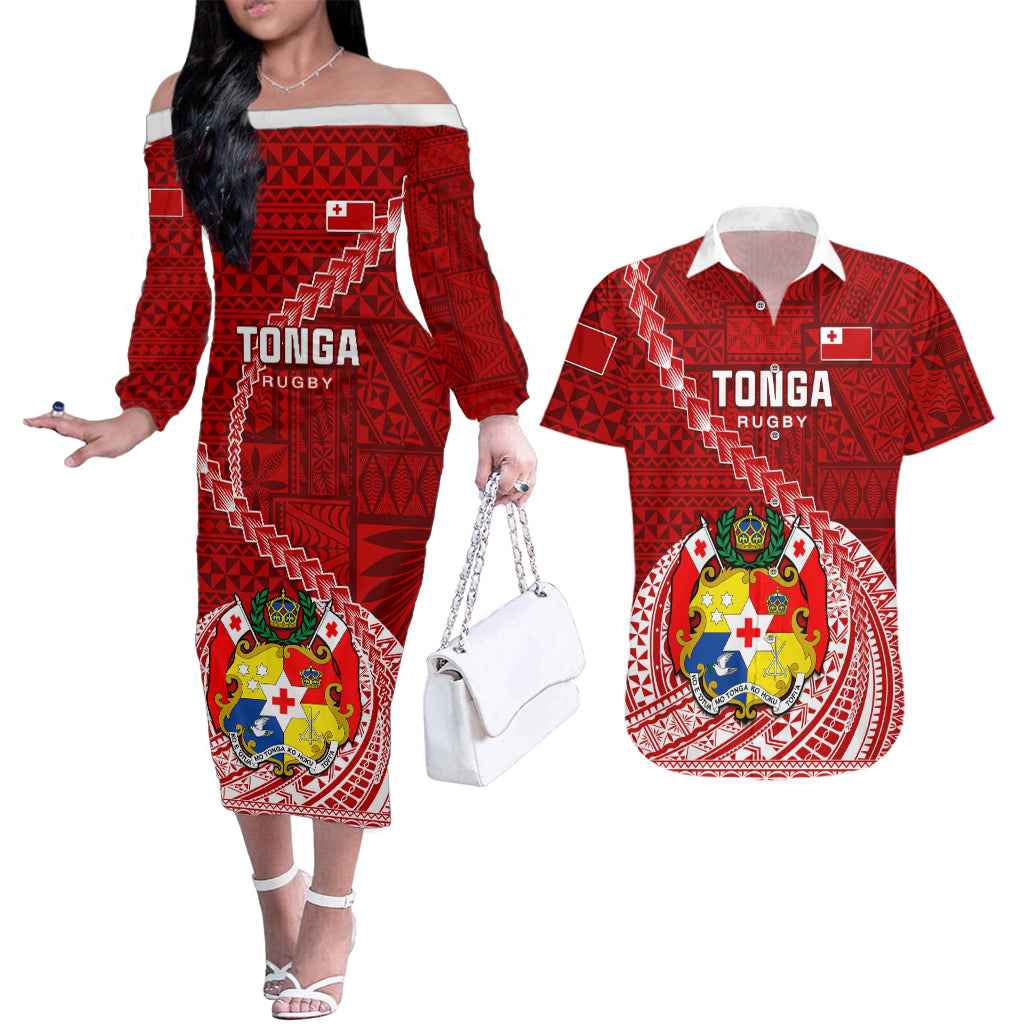 Tonga Rugby Couples Matching Off The Shoulder Long Sleeve Dress and Hawaiian Shirt Tongan Ngatu Pattern White Version LT01 Red - Polynesian Pride