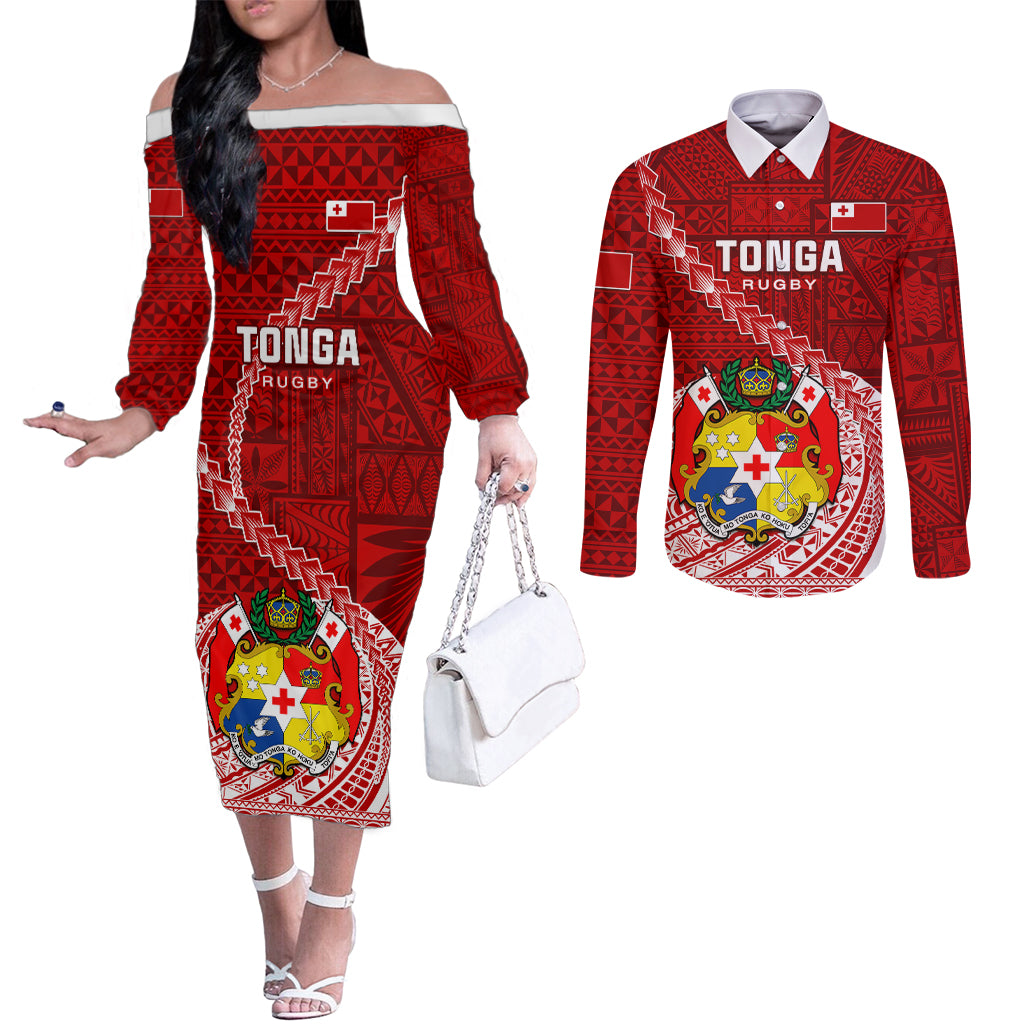 Tonga Rugby Couples Matching Off The Shoulder Long Sleeve Dress and Long Sleeve Button Shirts Tongan Ngatu Pattern White Version LT01 Red - Polynesian Pride