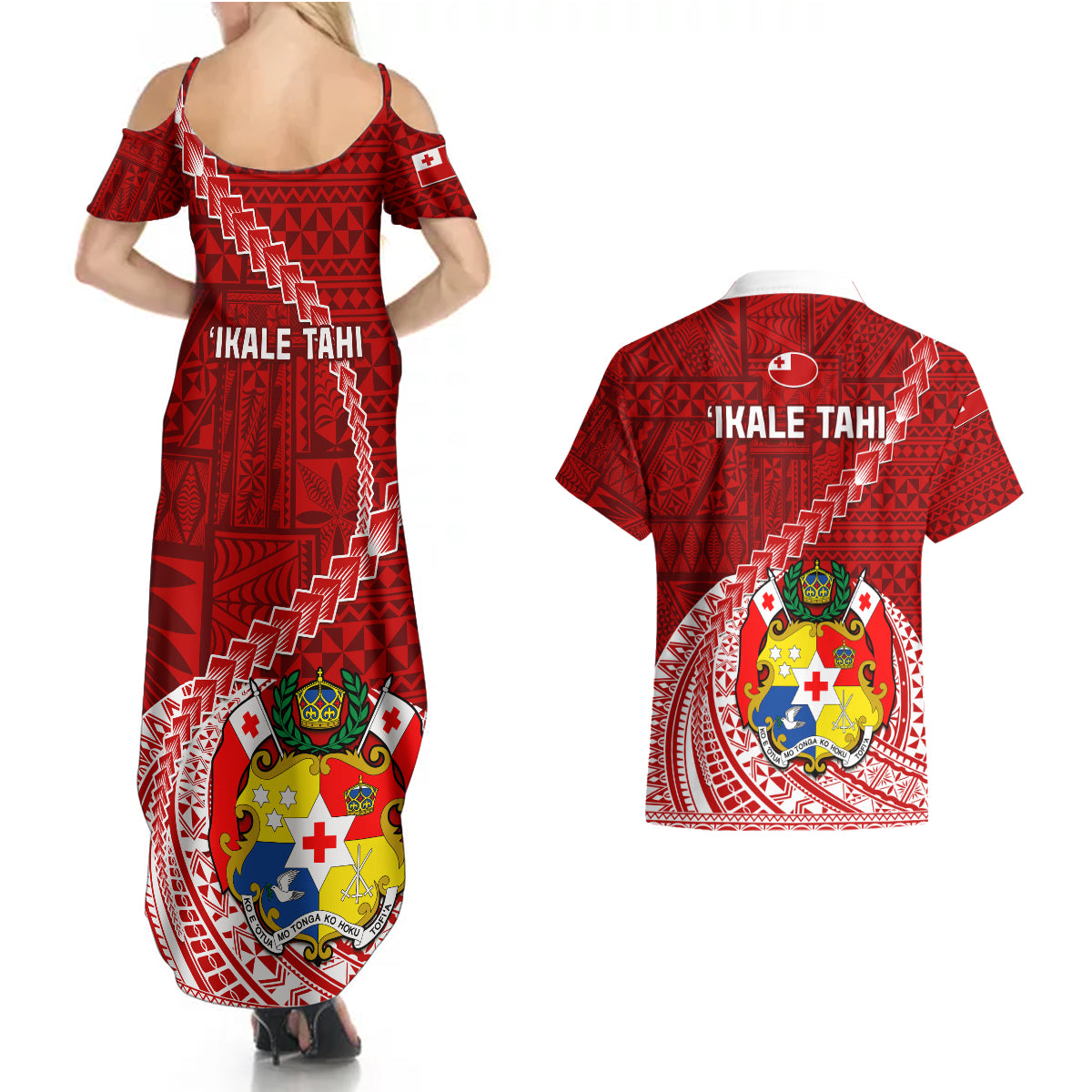 Tonga Rugby Couples Matching Summer Maxi Dress and Hawaiian Shirt Tongan Ngatu Pattern White Version LT01 - Polynesian Pride