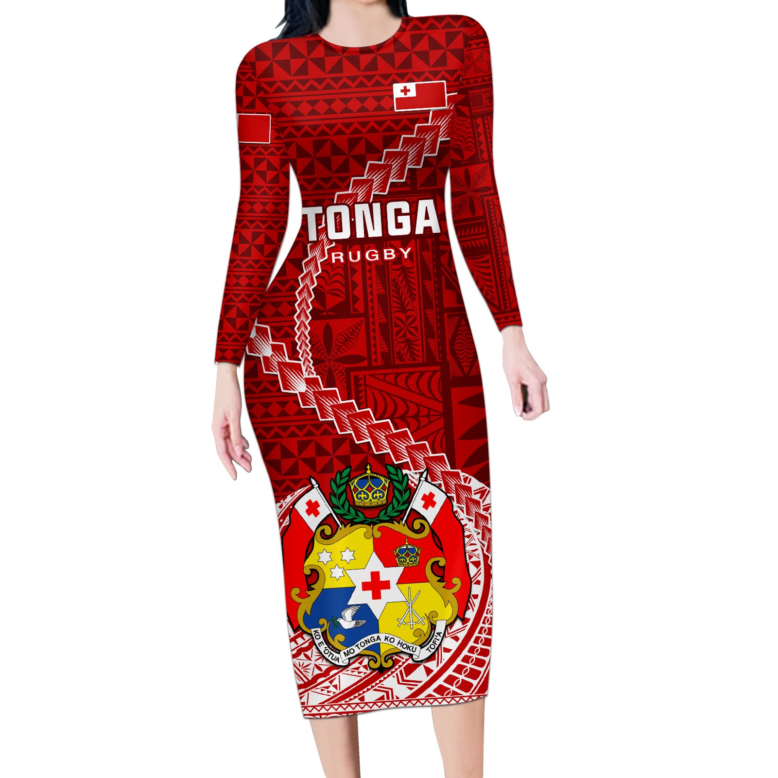 Tonga Rugby Long Sleeve Bodycon Dress Tongan Ngatu Pattern White Version LT01 Long Dress Red - Polynesian Pride