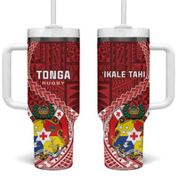 Tonga Rugby Tumbler With Handle Tongan Ngatu Pattern White Version LT01 One Size: 40 oz Red - Polynesian Pride