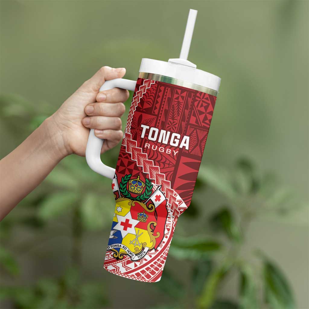 Tonga Rugby Tumbler With Handle Tongan Ngatu Pattern White Version LT01 - Polynesian Pride