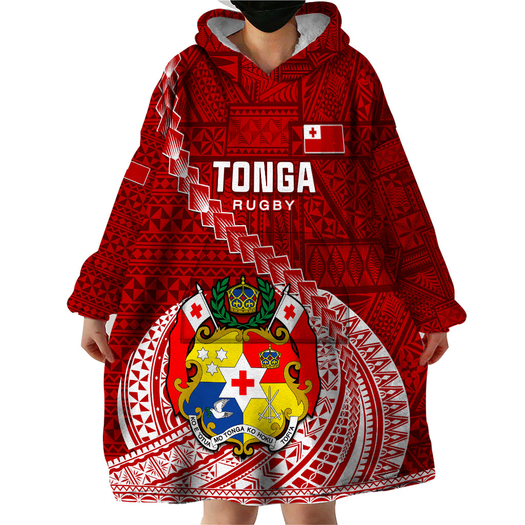 Tonga Rugby Wearable Blanket Hoodie Tongan Ngatu Pattern White Version LT01 - Polynesian Pride