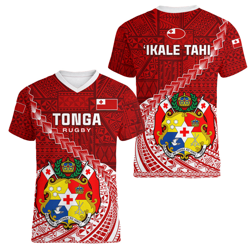 Tonga Rugby Women V Neck T Shirt Tongan Ngatu Pattern White Version LT01 - Polynesian Pride