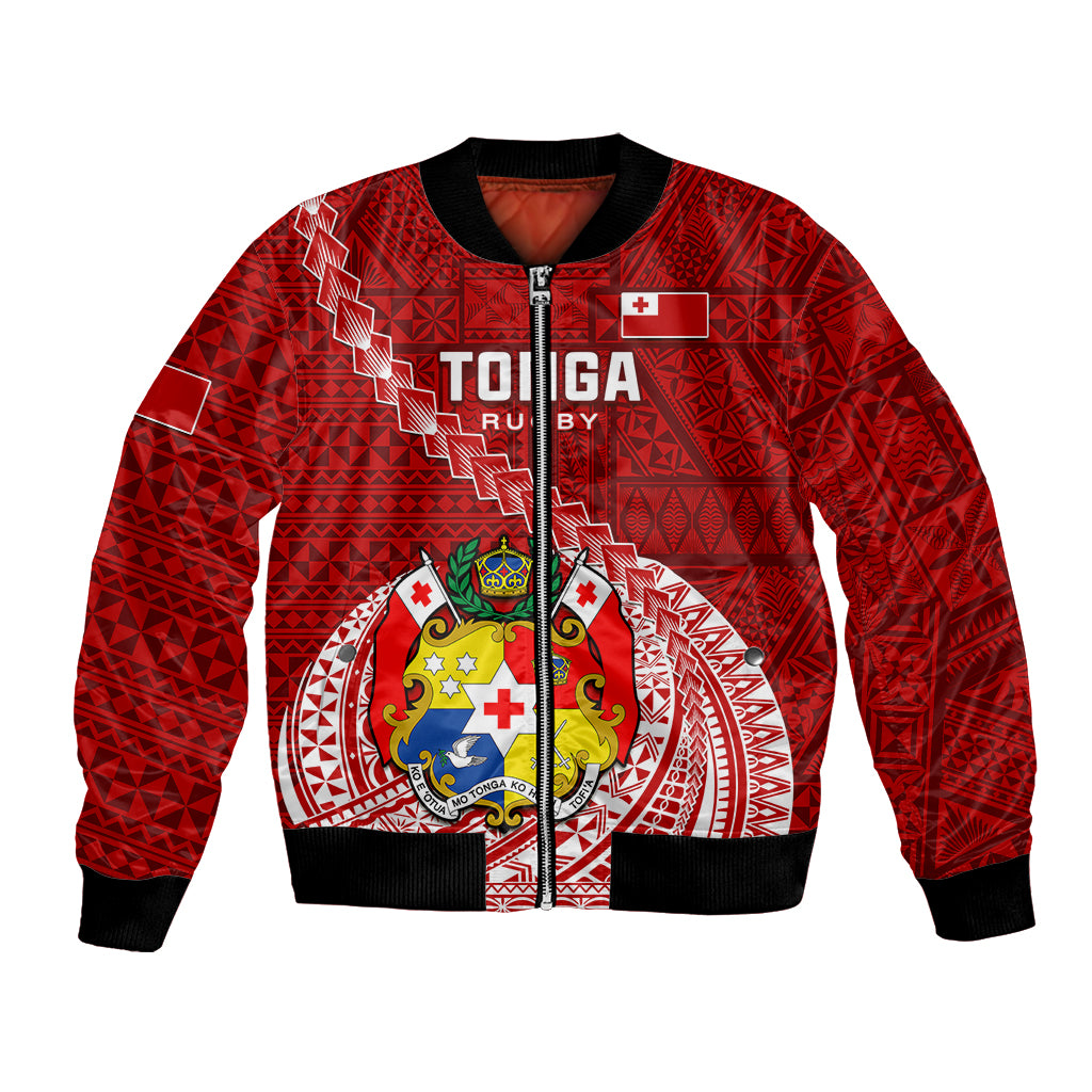 Custom Tonga Rugby Bomber Jacket Tongan Ngatu Pattern White Version LT01 Unisex Red - Polynesian Pride