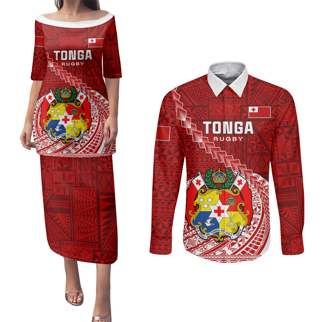 Custom Tonga Rugby Couples Matching Puletasi Dress and Long Sleeve Button Shirts Tongan Ngatu Pattern White Version LT01 Red - Polynesian Pride