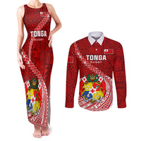 Custom Tonga Rugby Couples Matching Tank Maxi Dress and Long Sleeve Button Shirts Tongan Ngatu Pattern White Version LT01 Red - Polynesian Pride