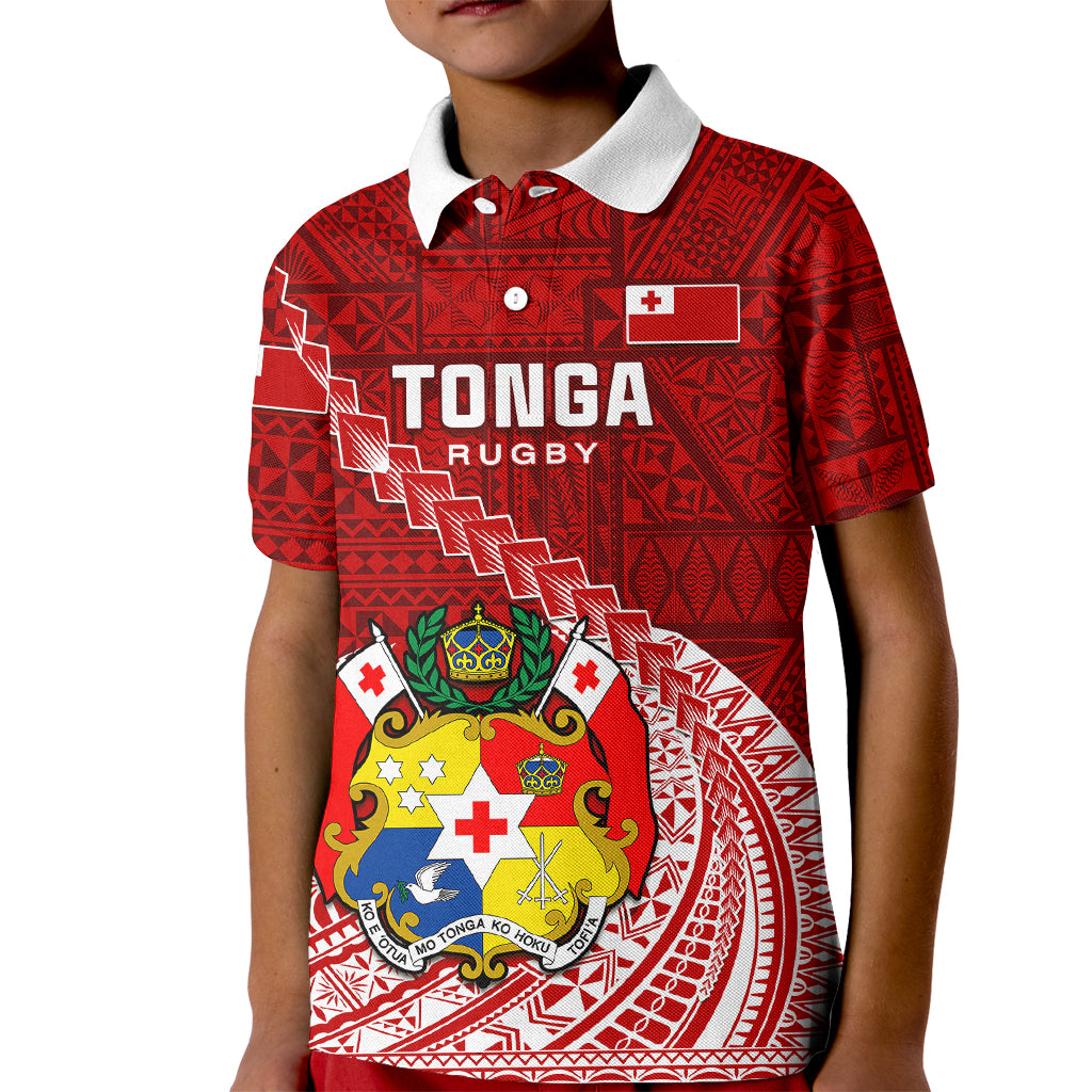 Custom Tonga Rugby Kid Polo Shirt Tongan Ngatu Pattern White Version LT01 Kid Red - Polynesian Pride