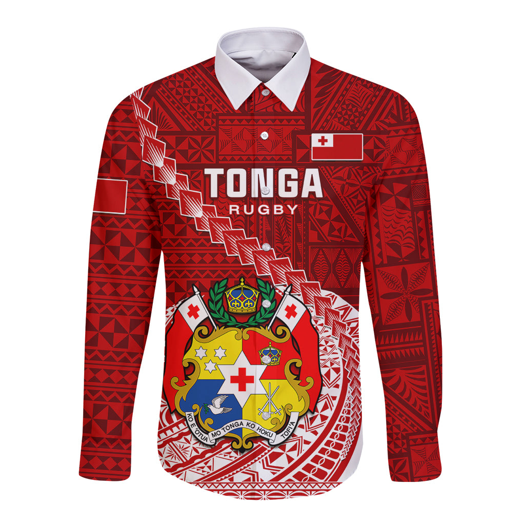 Custom Tonga Rugby Long Sleeve Button Shirt Tongan Ngatu Pattern White Version LT01 Unisex Red - Polynesian Pride