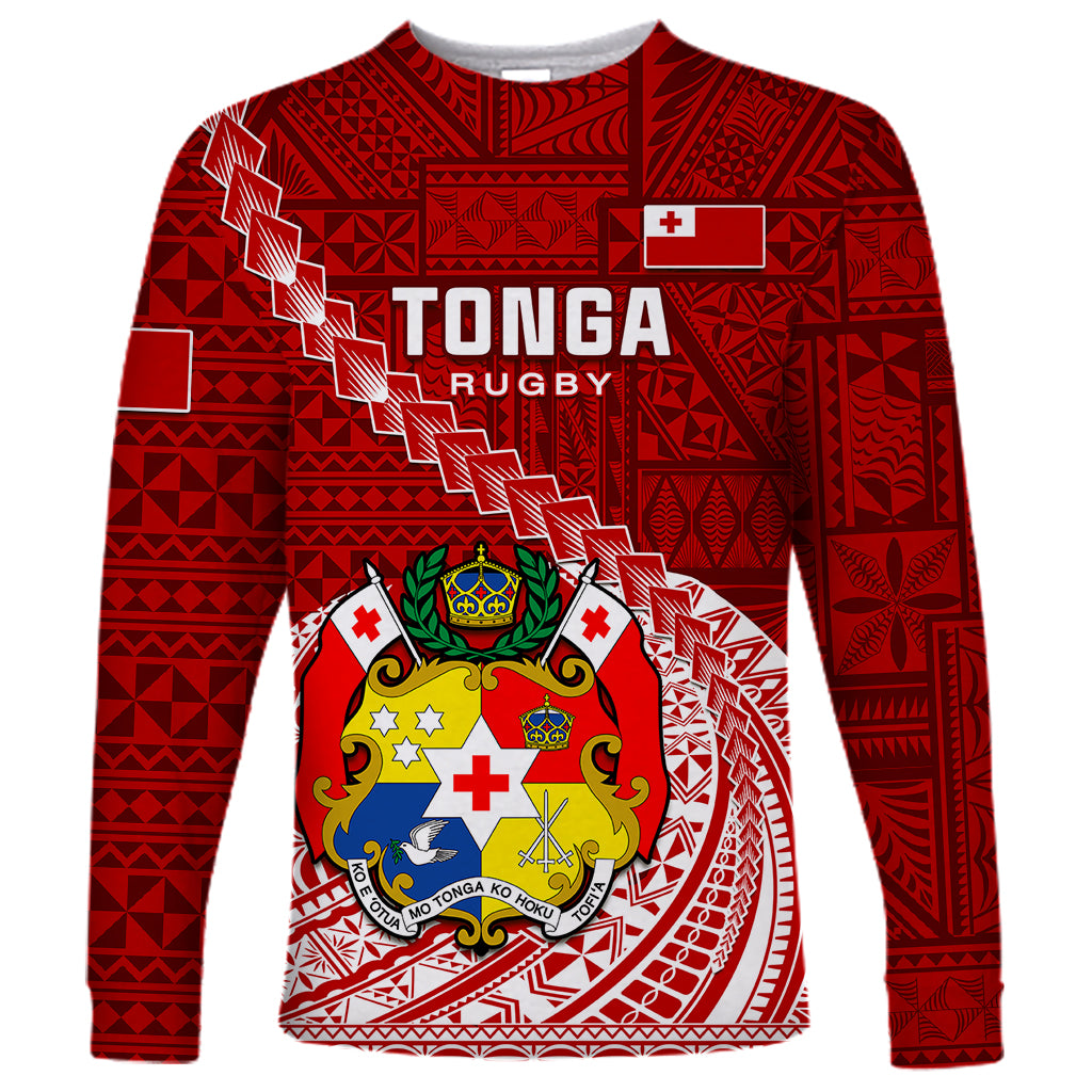 Custom Tonga Rugby Long Sleeve Shirt Tongan Ngatu Pattern White Version LT01 Unisex Red - Polynesian Pride