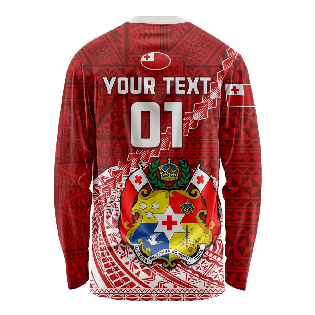 Custom Tonga Rugby Long Sleeve Shirt Tongan Ngatu Pattern White Version LT01 - Polynesian Pride