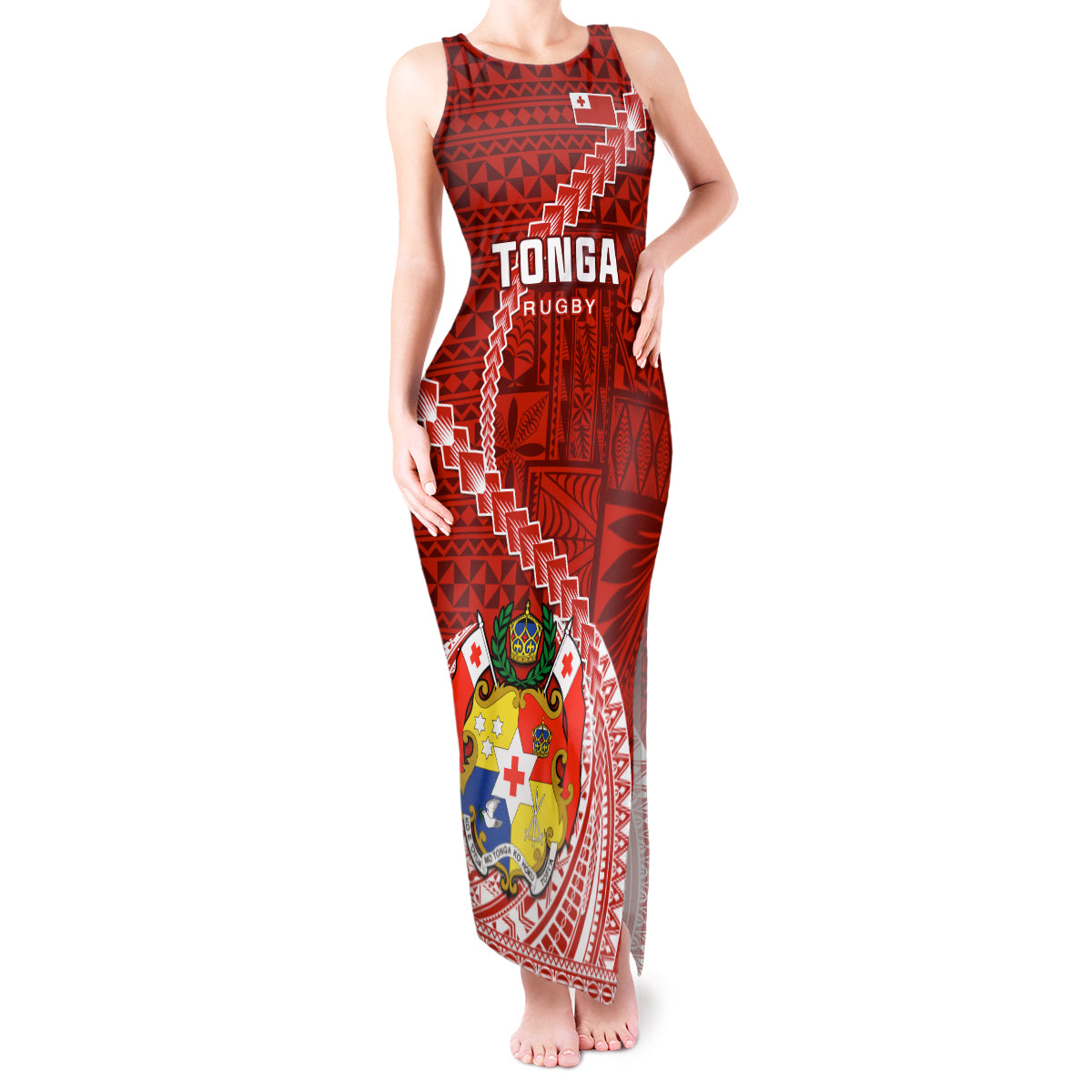 Custom Tonga Rugby Tank Maxi Dress Tongan Ngatu Pattern White Version LT01 Women Red - Polynesian Pride