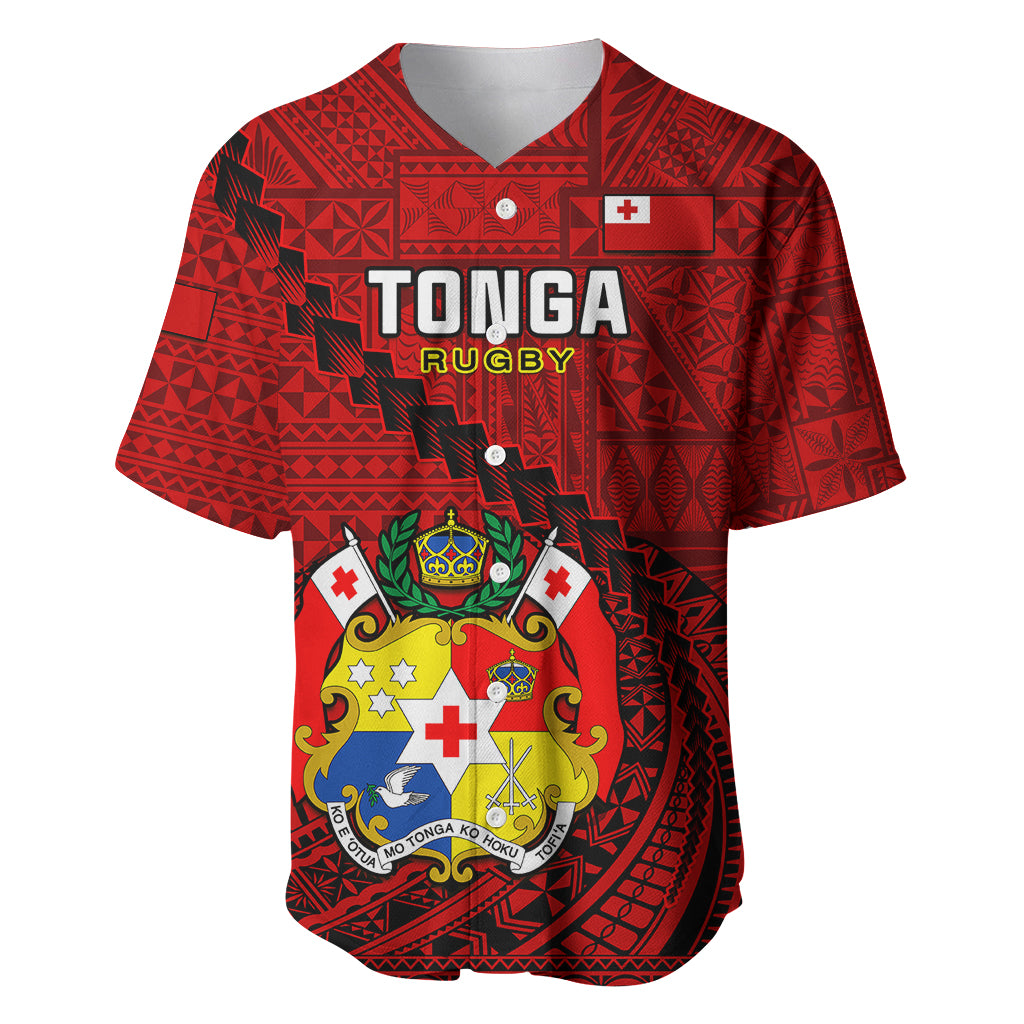 Tonga Rugby Baseball Jersey Tongan Ngatu Pattern Black Version LT01 Red - Polynesian Pride