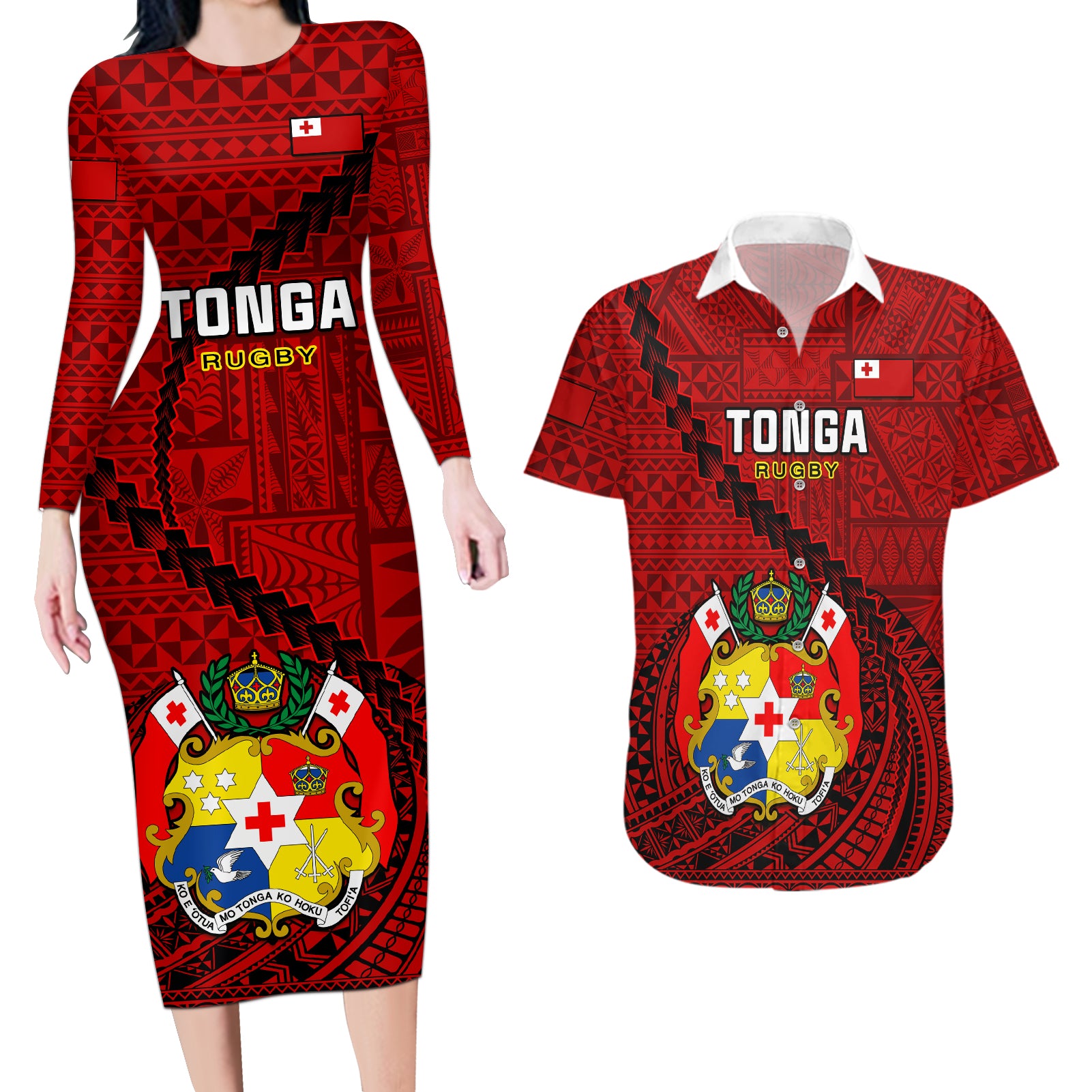 Tonga Rugby Couples Matching Long Sleeve Bodycon Dress and Hawaiian Shirt Tongan Ngatu Pattern Black Version LT01 Red - Polynesian Pride