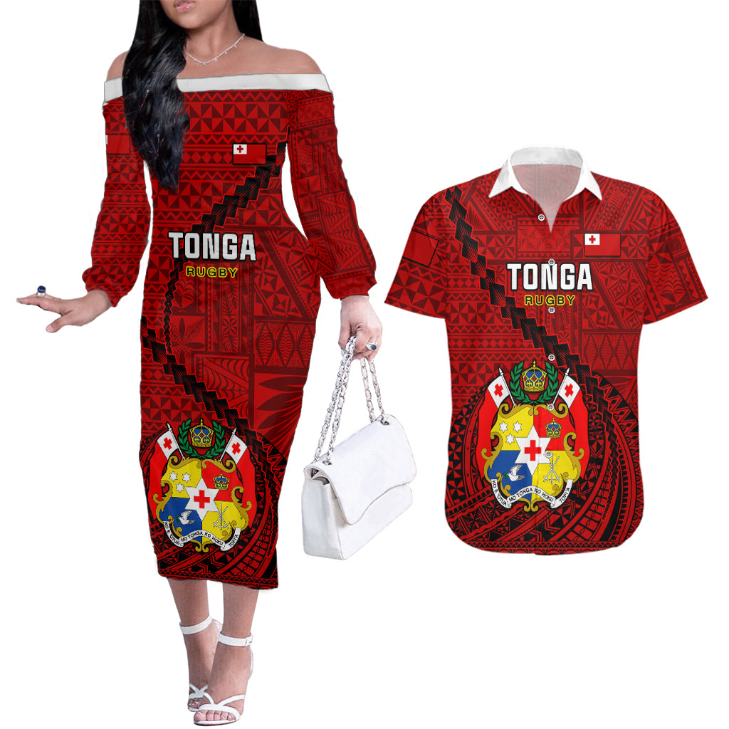 Tonga Rugby Couples Matching Off The Shoulder Long Sleeve Dress and Hawaiian Shirt Tongan Ngatu Pattern Black Version LT01 Red - Polynesian Pride