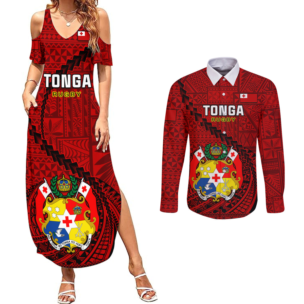 Tonga Rugby Couples Matching Summer Maxi Dress and Long Sleeve Button Shirts Tongan Ngatu Pattern Black Version LT01 Red - Polynesian Pride