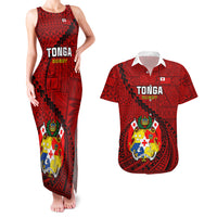 Tonga Rugby Couples Matching Tank Maxi Dress and Hawaiian Shirt Tongan Ngatu Pattern Black Version LT01 Red - Polynesian Pride