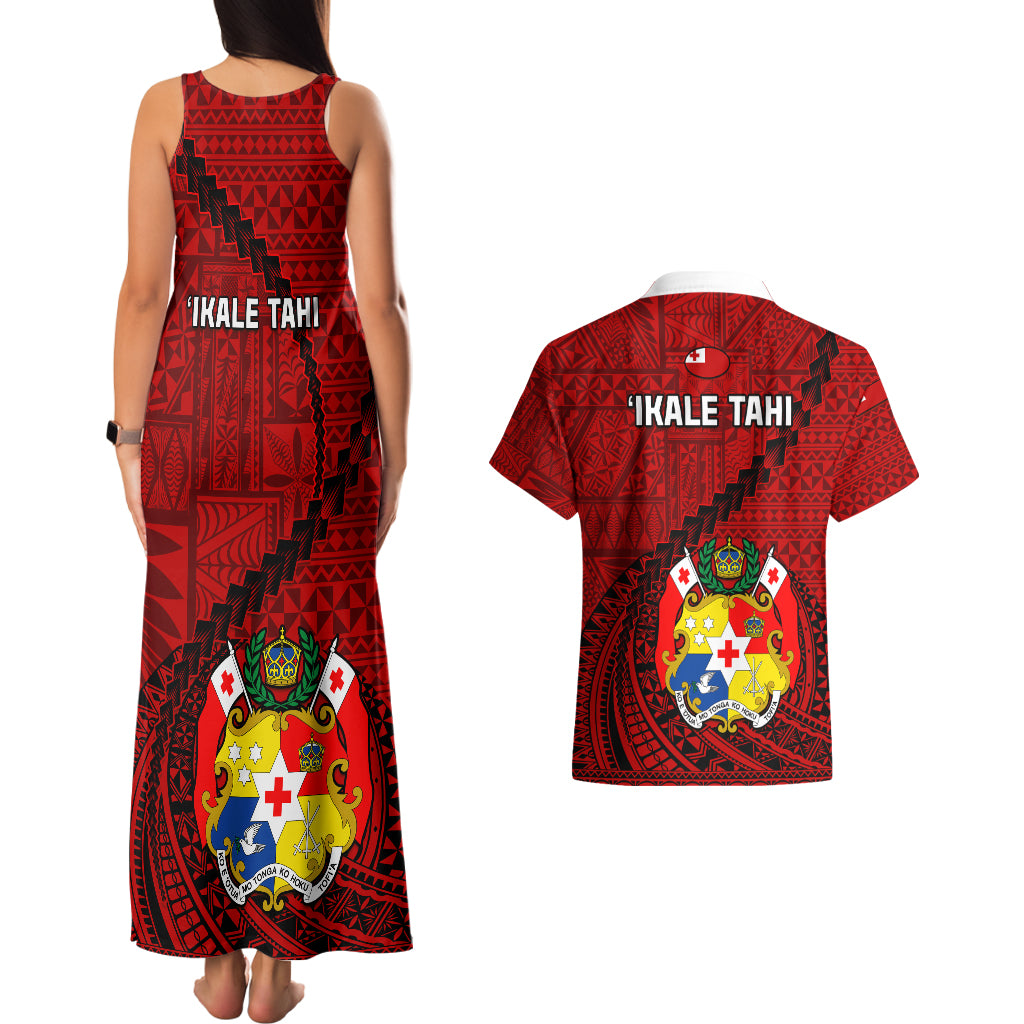 Tonga Rugby Couples Matching Tank Maxi Dress and Hawaiian Shirt Tongan Ngatu Pattern Black Version LT01 - Polynesian Pride